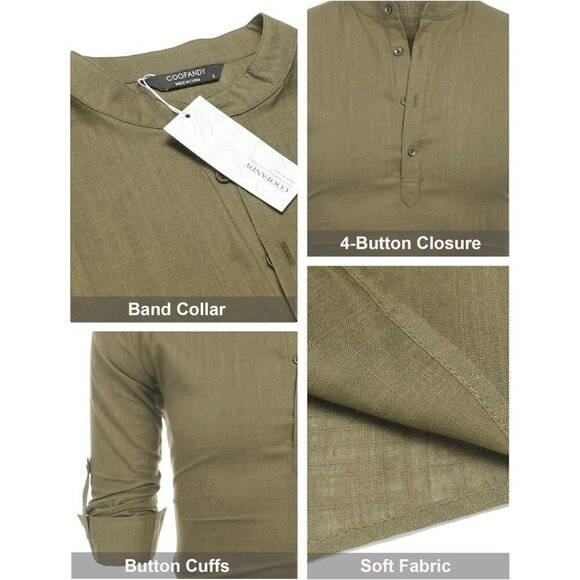 Men's Green Cotton Linen Henley Shirt Long Sleeve Hippie Casual Beach T Shirts - Picture 5 of 9